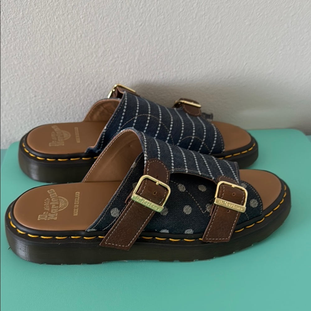 Dr. Martens Dayne Slides Blue Denim/Brown Leather - Picture 2 of 9